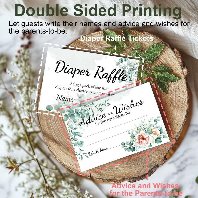 CINSOEN Baby Shower Games, Greenery Diaper Raffle Box, 50 PCS Diaper Raffle Tickets Card Box with Advice and Wishes for the Parents-to-be, Baby Shower Decorations, Diaper Raffle Sign - Image 5