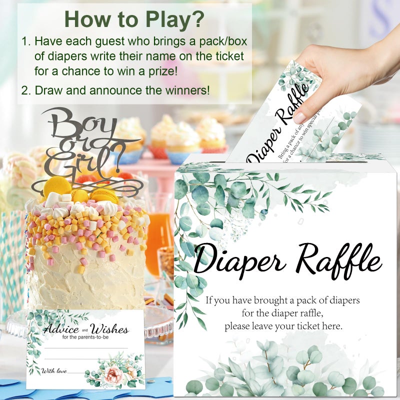 CINSOEN Baby Shower Games, Greenery Diaper Raffle Box, 50 PCS Diaper Raffle Tickets Card Box with Advice and Wishes for the Parents-to-be, Baby Shower Decorations, Diaper Raffle Sign - Image 4