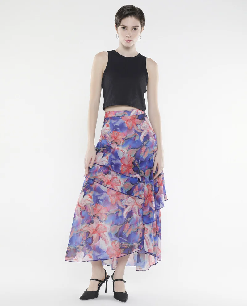 Rareism Women's Ruffled Printed Skirt With Slit