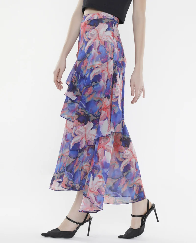 Rareism Women's Ruffled Printed Skirt With Slit