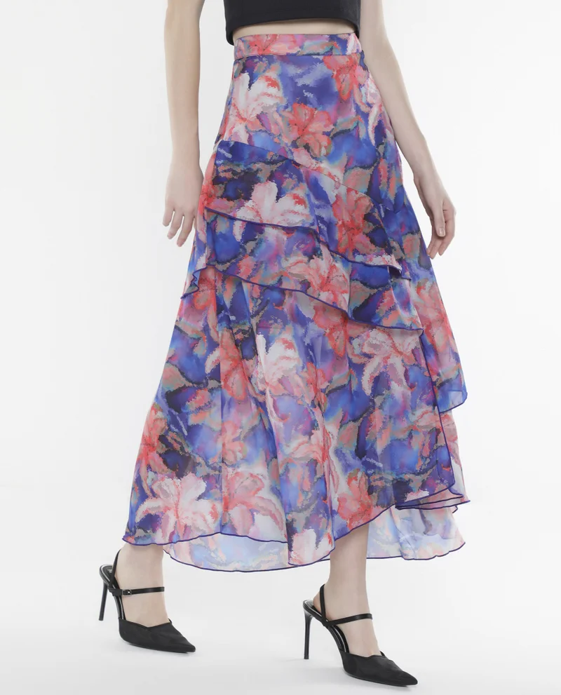 Rareism Women's Ruffled Printed Skirt With Slit