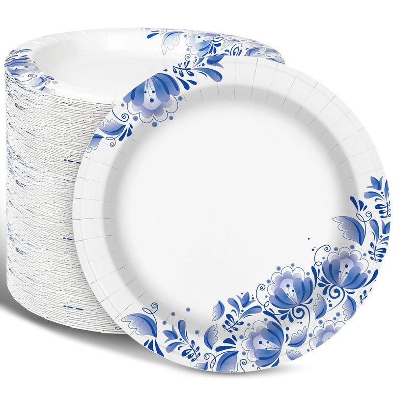 Charmount Blue Paper Plates  Bulk 85 Inch 150pcs Soak  Cut Proof Flower Printed for Parties  Daily Use