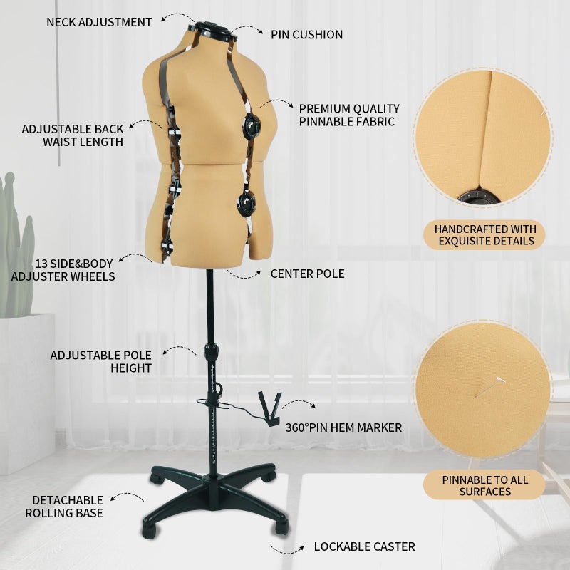 PDM WORLDWIDE Turmeric Adjustable Dress Form Mannequin for Sewing Female Size 6-14, Pinnable Model Body with 13 Dials, Detachable Casters, 42.5"-60" Height Range for Clothing Display, Small to Medium - Image 5