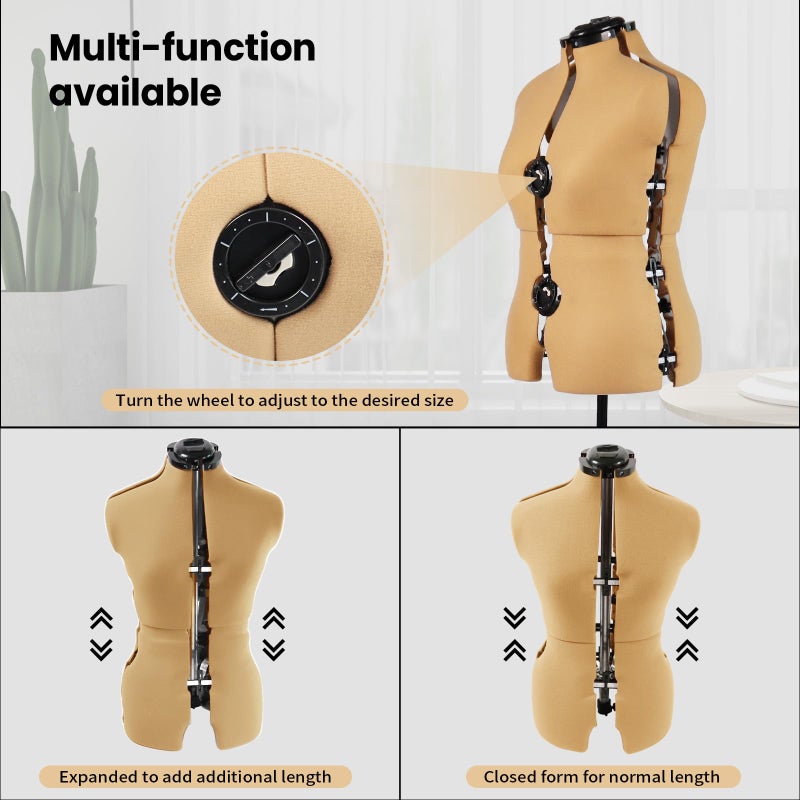 PDM WORLDWIDE Turmeric Adjustable Dress Form Mannequin for Sewing Female Size 6-14, Pinnable Model Body with 13 Dials, Detachable Casters, 42.5"-60" Height Range for Clothing Display, Small to Medium - Image 3