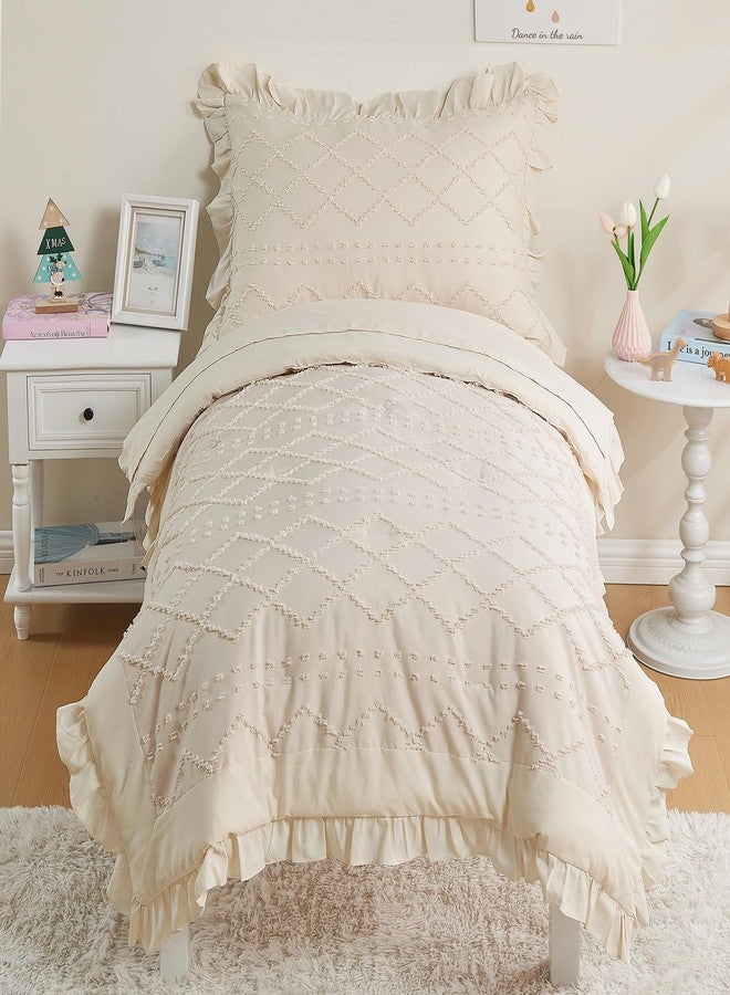 Cozyholy 4 Piece Boho Tufted Toddler Bedding Set for Girls Beige Ruffle Crib Bed Sheets Set Soft Jacquard Embroidery Toddler Comforter Set Bed in a Bag | Include Comforter, Flat Sheet, Fitted Sheet, Pillowcase - Image 2