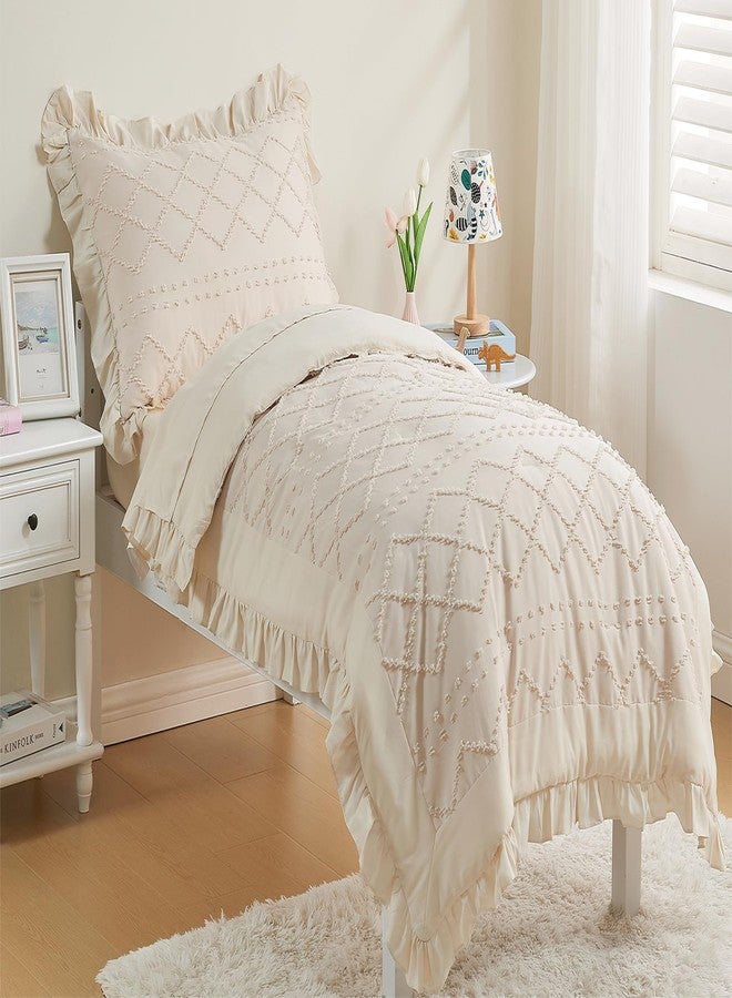 Cozyholy 4 Piece Boho Tufted Toddler Bedding Set for Girls Beige Ruffle Crib Bed Sheets Set Soft Jacquard Embroidery Toddler Comforter Set Bed in a Bag | Include Comforter, Flat Sheet, Fitted Sheet, Pillowcase - Image 1