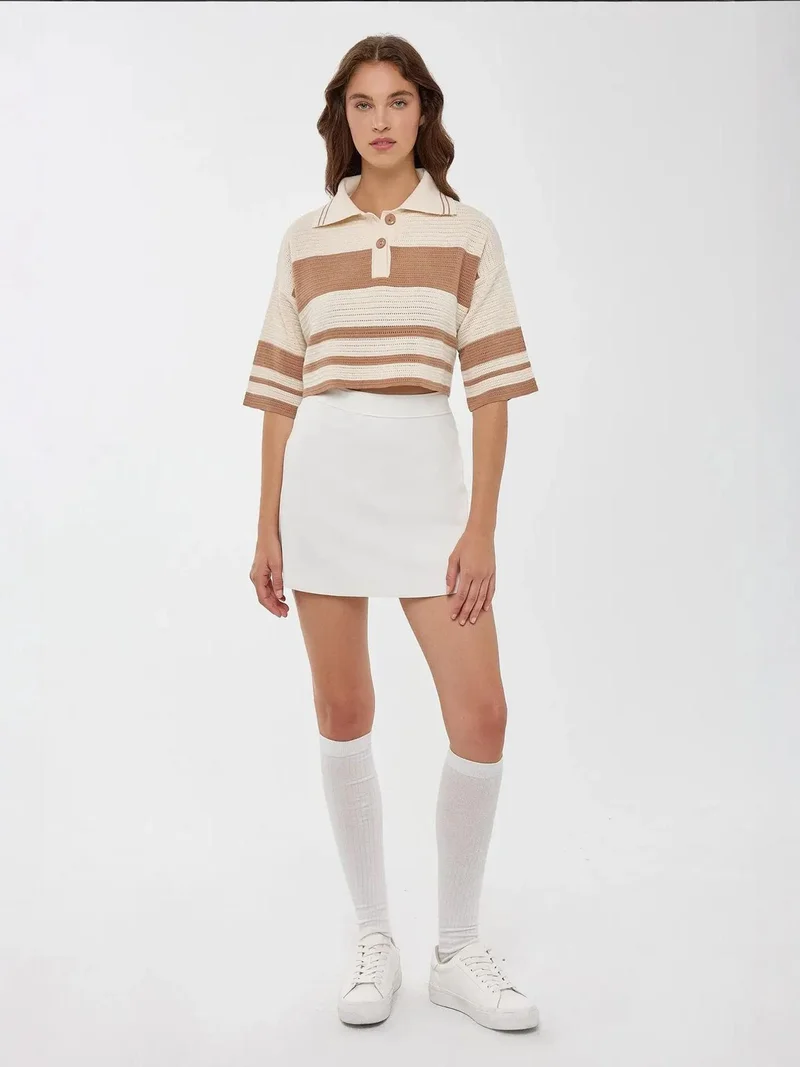 HICCUP Striped Crop Sweater with Polo Shirt Collar
