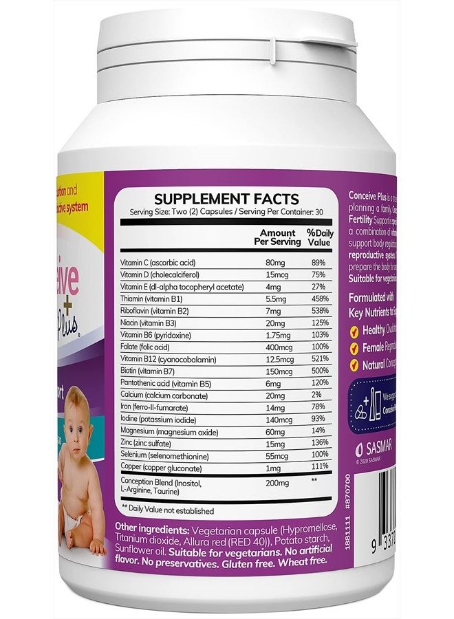 Conceive Plus كونسيف بلس دعم الخصوبة للنساء - مكملات الخصوبة للنساء، فيتامينات ما قبل الولادة، 60 كبسولة، إمداد لمدة 30 يومًا - Image 2