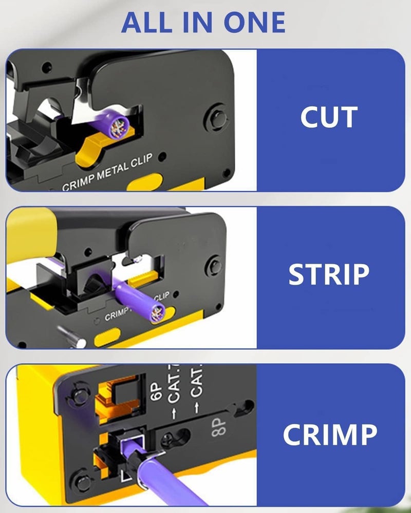 COOLCOLD RJ45 Crimping Tool Kit – All-in-One Passthrough Ethernet Crimper for Cat5/Cat6/Cat7 – Includes Network Cable Tester with Battery, 50pc Cat6 Pass-Through Connectors & 50pc Boots(Multicolor) - Image 5