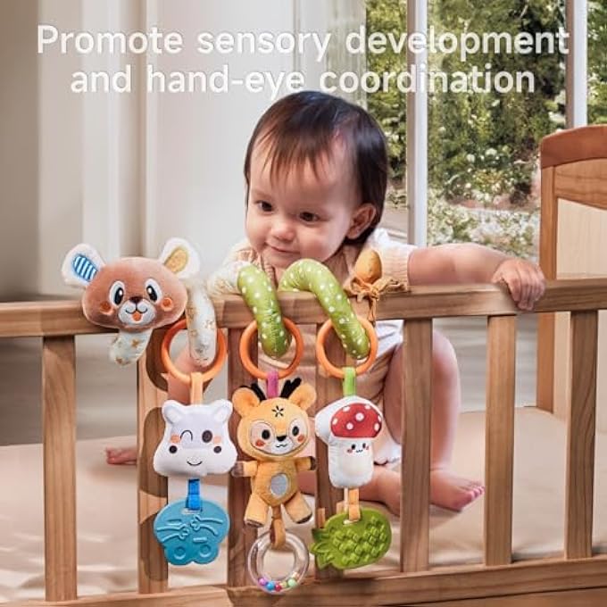 TUMAMA BABY BEAR SPIRAL ACTIVITY TOY - PLUSH CAR SEAT & STROLLER SENSORY STIMULATING HANGING TOY WITH RATTLES INTERACTIVE FOR NEWBORN TO 0 3 6 9 12+ MONTHS - Image 5