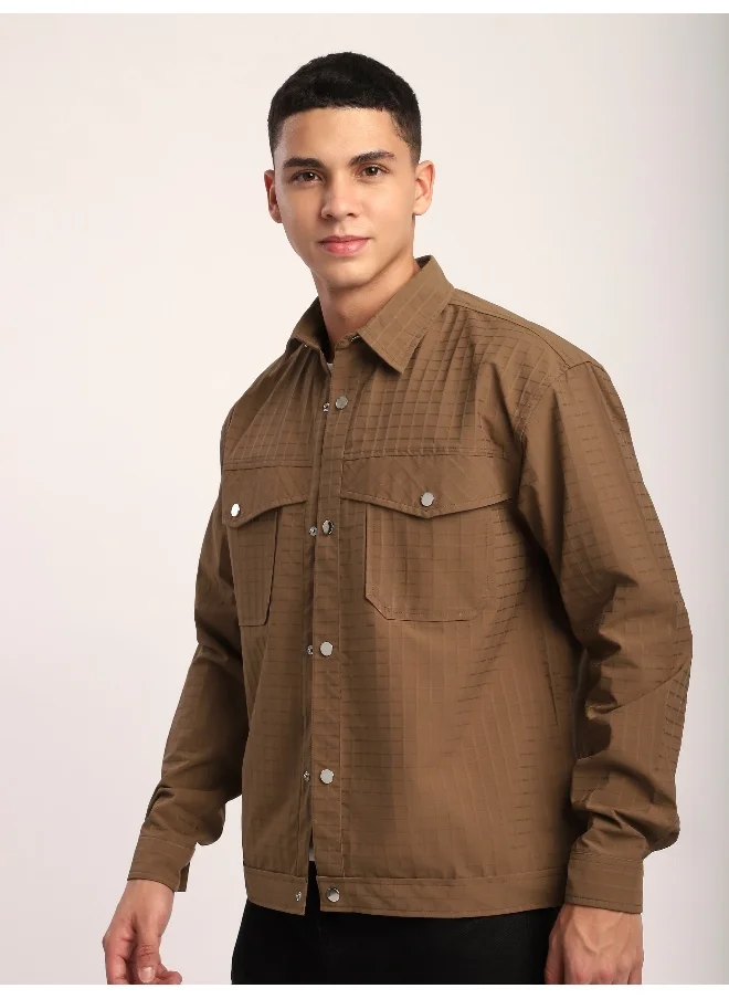 Beyoung Camel Brown Block Textured Shacket