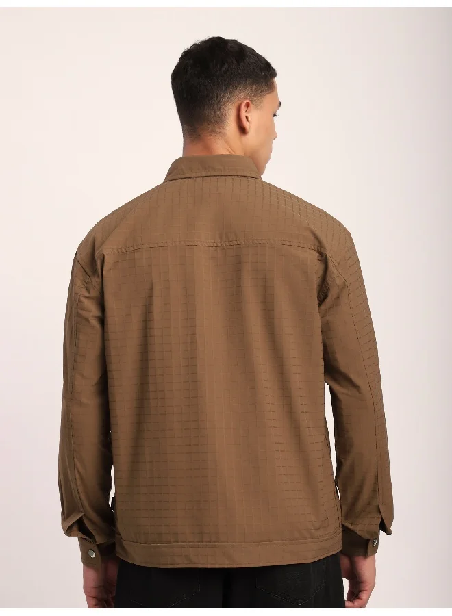 Beyoung Camel Brown Block Textured Shacket