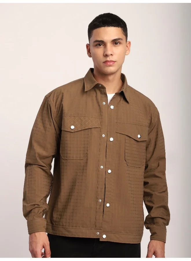 Beyoung Camel Brown Block Textured Shacket