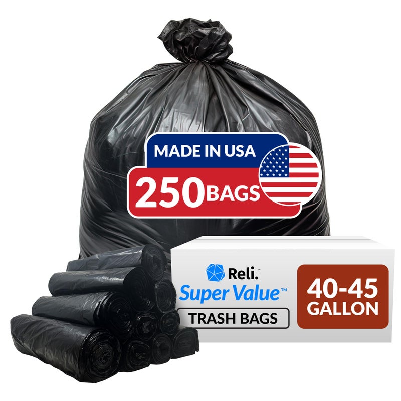 Reli. 40 to 45 Gallon Trash Bags Heavy Duty | 250 Trash Bags | Super Sizeable, Black, Garbage for Serious Cleanup - Image 1
