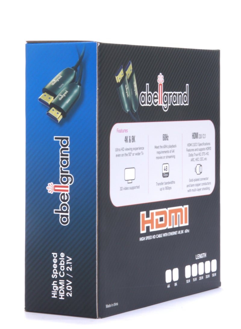 Abellgrand HDMI 50m AOC 8K 2.1 AGcon Cable comes with durable construction and ultra-sleek design. Abellgrand 8K/UHD/HDR OPTICAL 8K 2.1 HDMI Hybrid cables utilize fiber to transmit HDMI data and clock portions of the signal. Supports 8K@60Hz/ 48Gbps, 4K@120Hz/18Gbps Compatible with HDMI 2.1 Units: Transmitter (Source) Receiver (Display) Video Bandwidth: 48Gbps, (12 Gbps/x4 Channel FRL) Watch 8K video contents, game console, laptop or tablet on an Ultra HD television, monitor or projector. - Image 3