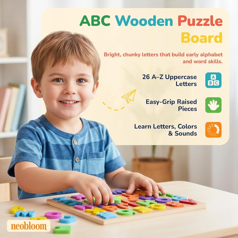 Neobloom Small Wooden Clock & Alphabet Puzzle Set – Montessori Learning Toy for Kids Age 3–5 Teach Time, ABC, Shapes & Fine Motor Skills Safe Non-Toxic Wooden Educational Toy for Toddlers Small Size - Image 4