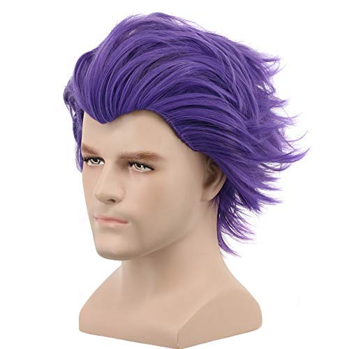 yuehong Short Purple Men Anime Party Cosplay Wig Costume Heat Resistant Synthetic Fibers Soft Durable Breathable Wig