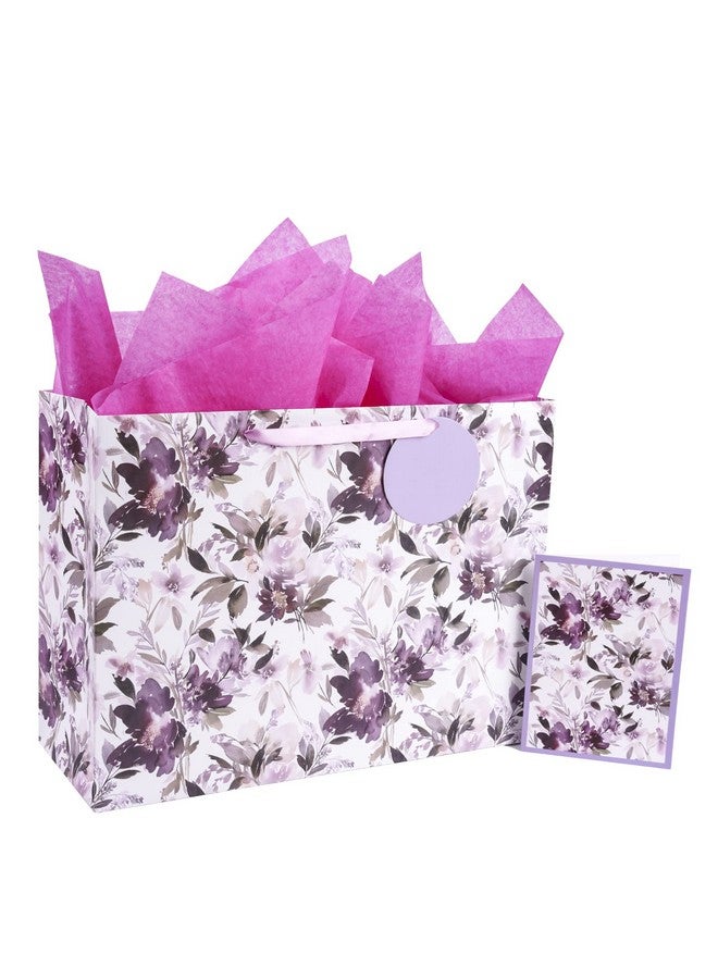 MAYPLUSS 16" Extra Large Gift Bag With Greeting Card And Tissue Paper Purple Floral For Mothers Day Birthday - Image 1