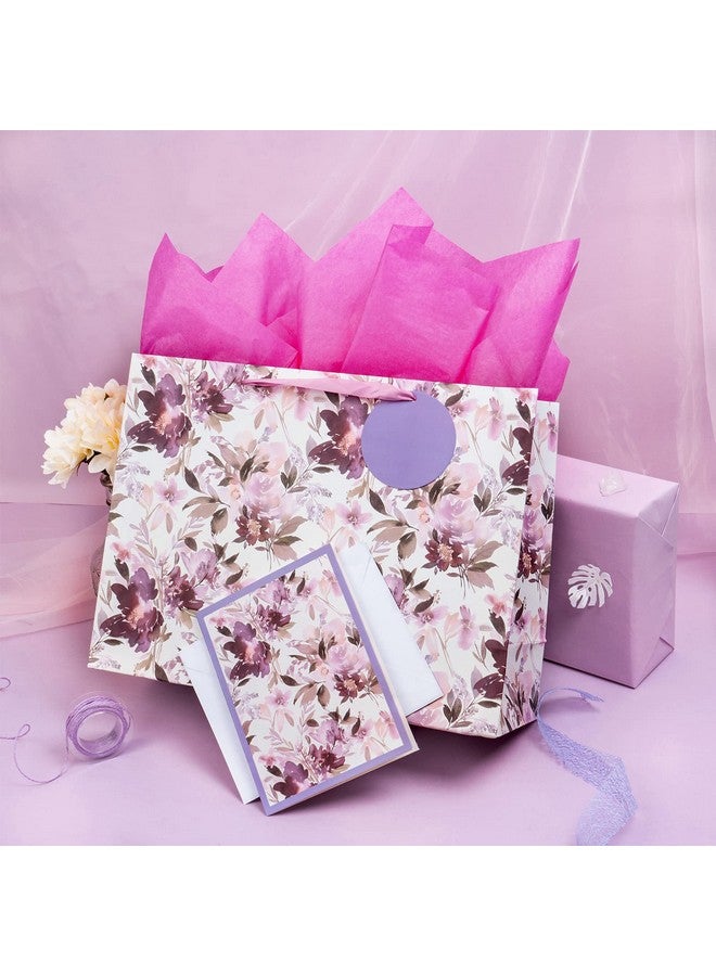 MAYPLUSS 16" Extra Large Gift Bag With Greeting Card And Tissue Paper Purple Floral For Mothers Day Birthday - Image 5