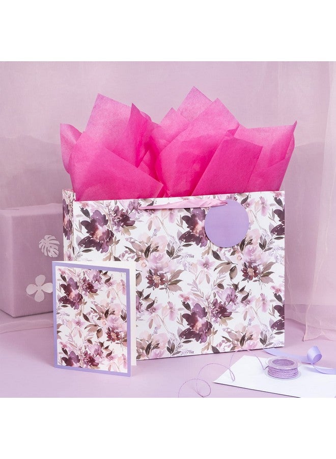 MAYPLUSS 16" Extra Large Gift Bag With Greeting Card And Tissue Paper Purple Floral For Mothers Day Birthday - Image 3
