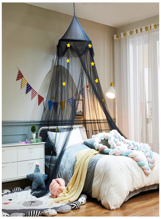 NYDECOR ناموسية NYDECOR، ستائر سرير على شكل قبة مزينة بنجوم، خيام سرير أميرة معلقة، ديكور غرفة أطفال للبنات والأولاد، ركن قراءة، أسود - Image 1
