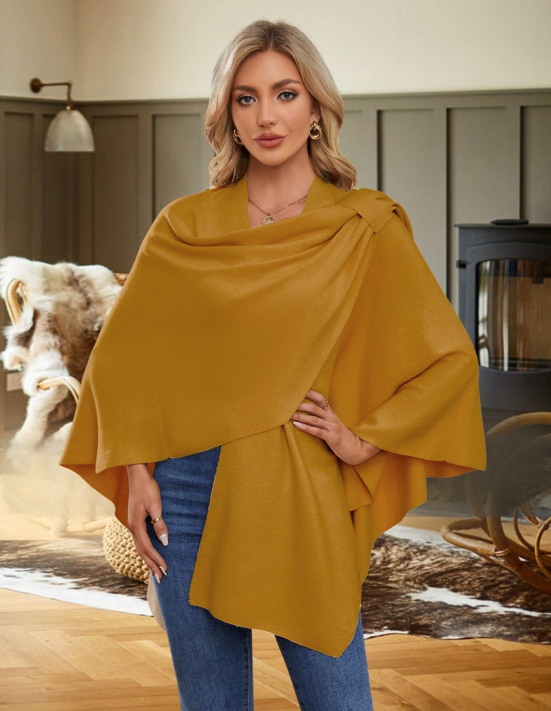 PULI Womens Large Cross Front Poncho Sweater Wrap Topper Knitted Elegant Shawls Cape for Fall Winter Ginger Yellow - Image 2