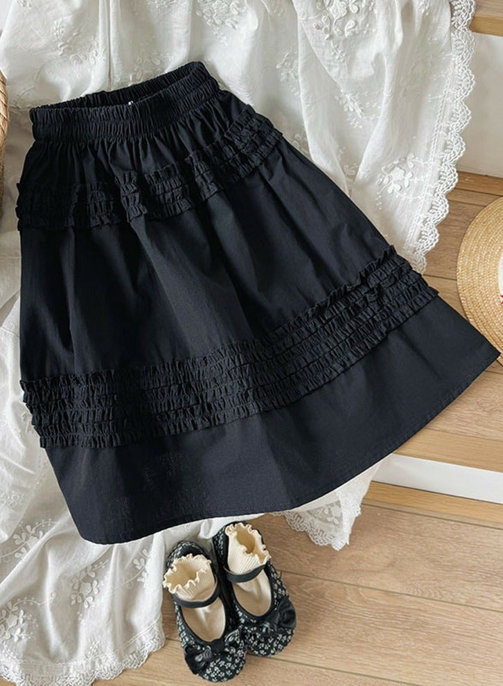 Loquat Girls Solid Color Elastic Waist A-Line Ruffle Skirt Black  - Image 1