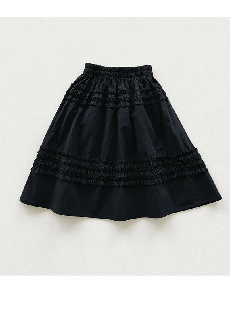 Loquat Girls Solid Color Elastic Waist A-Line Ruffle Skirt Black  - Image 2