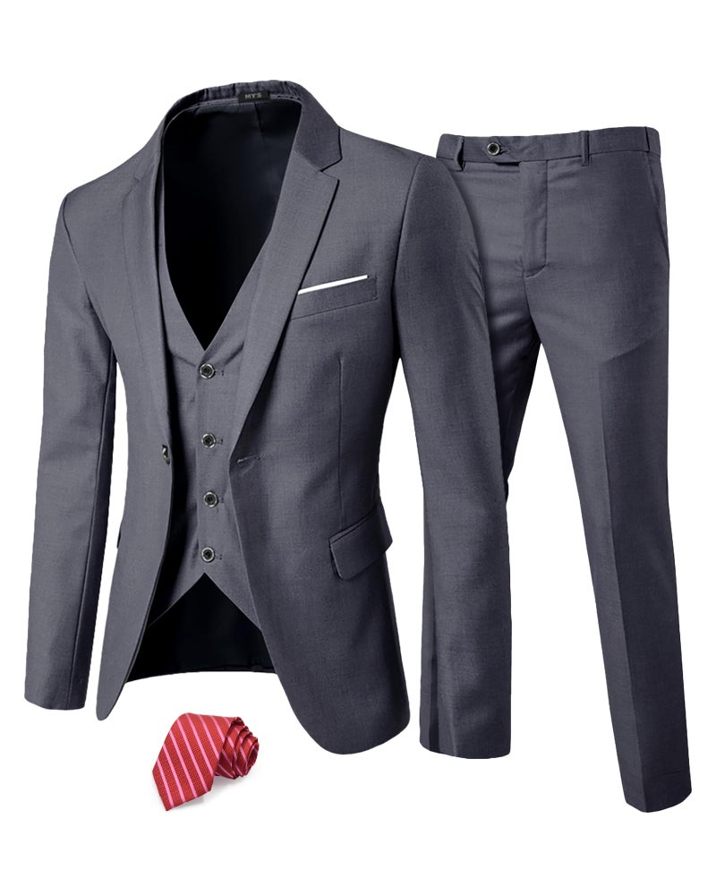 MYS Mens 3 Piece Suit Set with Tie One Button Slim Fit Solid Jacket Vest Pants Prom Party Wedding Business Suits for Men Dark Grey XSmall