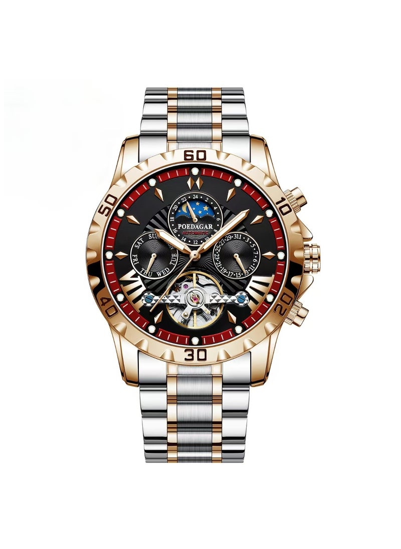 POEDAGAR European waterproof automatic men's mechanical watch Rose gold black face steel strap  - Image 1