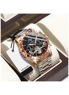 POEDAGAR European waterproof automatic men's mechanical watch Rose gold black face steel strap  - Image 5