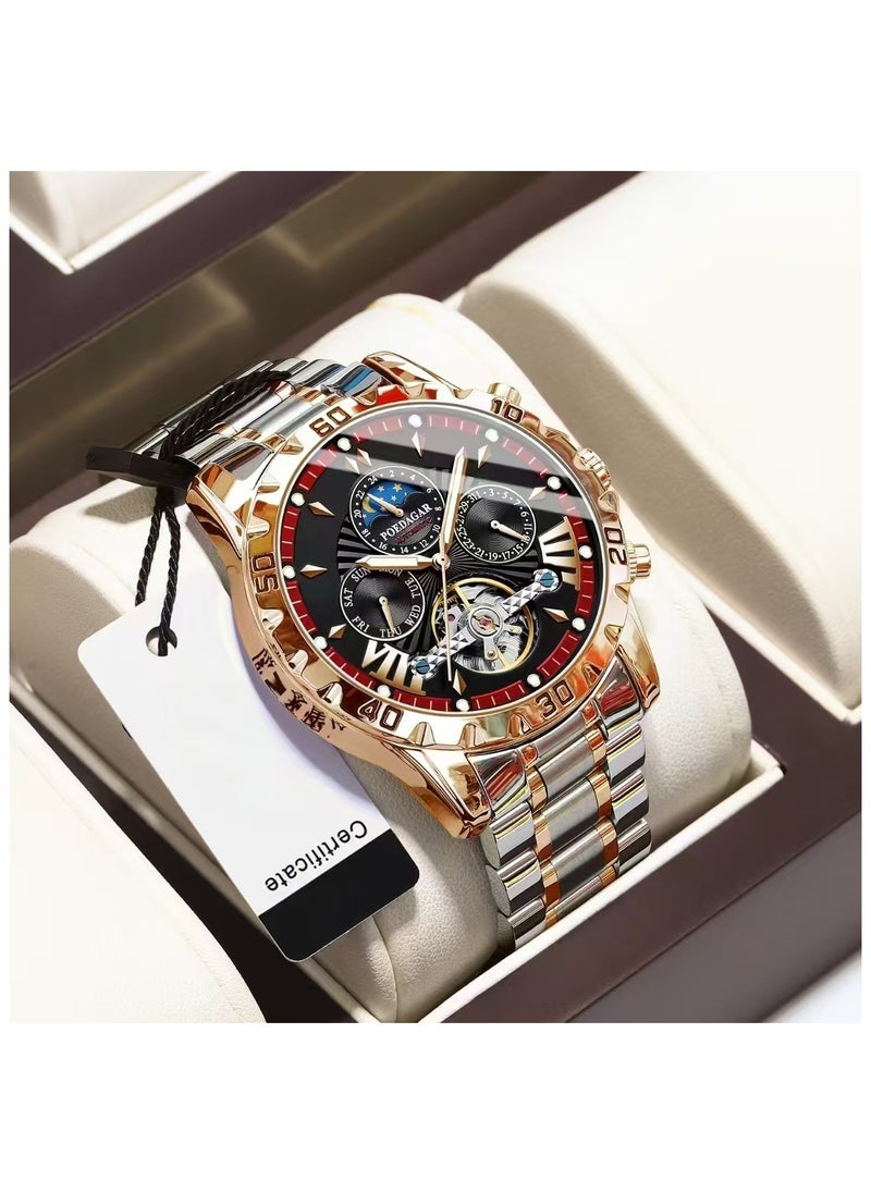 POEDAGAR European waterproof automatic men's mechanical watch Rose gold black face steel strap  - Image 5