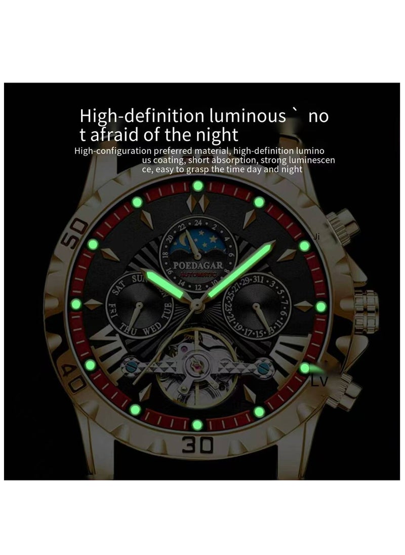POEDAGAR European waterproof automatic men's mechanical watch Rose gold black face steel strap  - Image 3