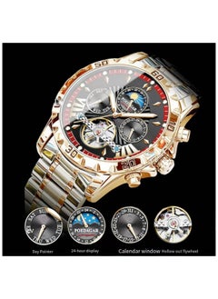 POEDAGAR European waterproof automatic men's mechanical watch Rose gold black face steel strap  - Image 4