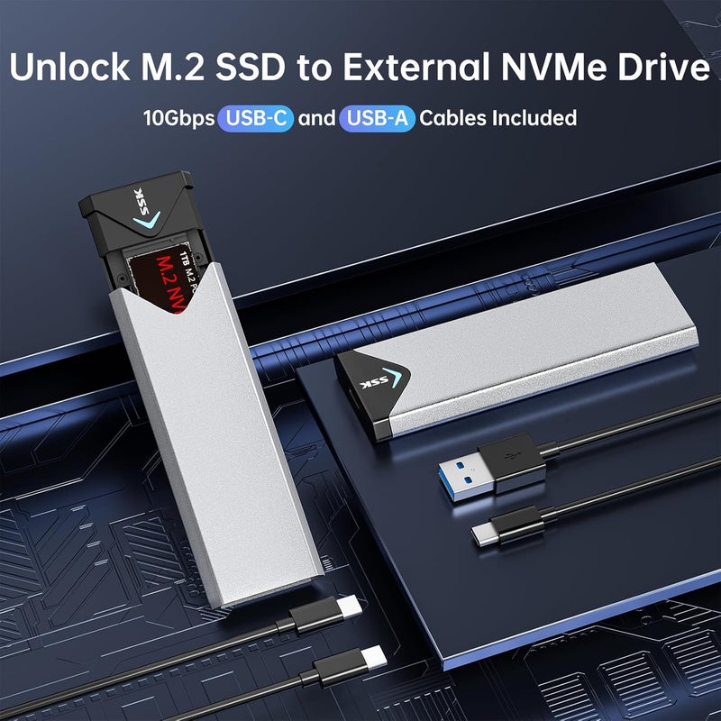 SSK Aluminum M.2 NVME SATA SSD Enclosure Adapter, USB 3.2 Gen 2 (10Gbps) to PCI-E NGFF M-Key/(B+M) Key External SSD Enclosure Support UASP for SSD 2242/2260/2280 - Image 2
