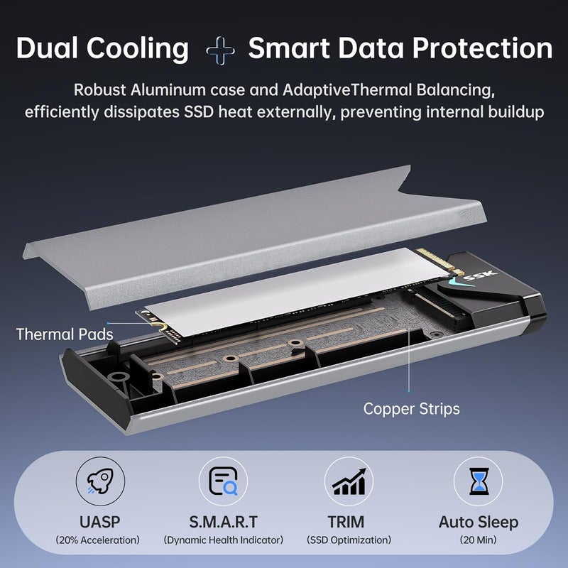 SSK Aluminum M.2 NVME SATA SSD Enclosure Adapter, USB 3.2 Gen 2 (10Gbps) to PCI-E NGFF M-Key/(B+M) Key External SSD Enclosure Support UASP for SSD 2242/2260/2280 - Image 5