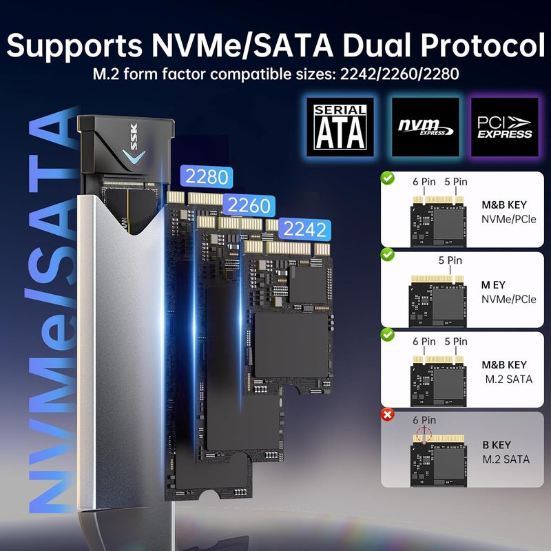 SSK Aluminum M.2 NVME SATA SSD Enclosure Adapter, USB 3.2 Gen 2 (10Gbps) to PCI-E NGFF M-Key/(B+M) Key External SSD Enclosure Support UASP for SSD 2242/2260/2280 - Image 3