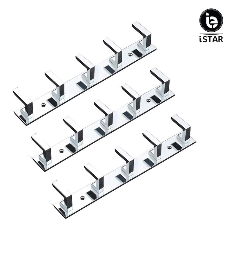 iSTAR 5 Pin Bathroom Cloth Hooks Hanger Door Wall Bedroom Bathroom Robe Hooks Rail for Hanging Keys,Clothes,Towel Steel Hook (Pack of 3, Silver) - Image 2