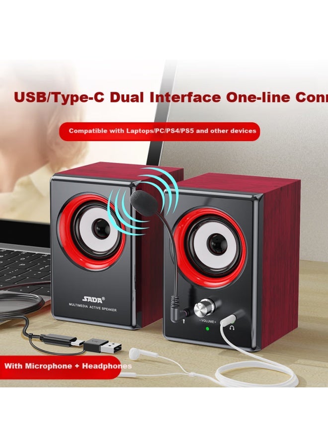 SADA مكبر صوت كمبيوتر خشبي بلوتوث 2.0 سلكي يو إس بي/نوع-C لسطح المكتب واللابتوب مع ميكروفون وسماعة رأس للألعاب المنزلية مع مضخم صوت V-122 - Image 2