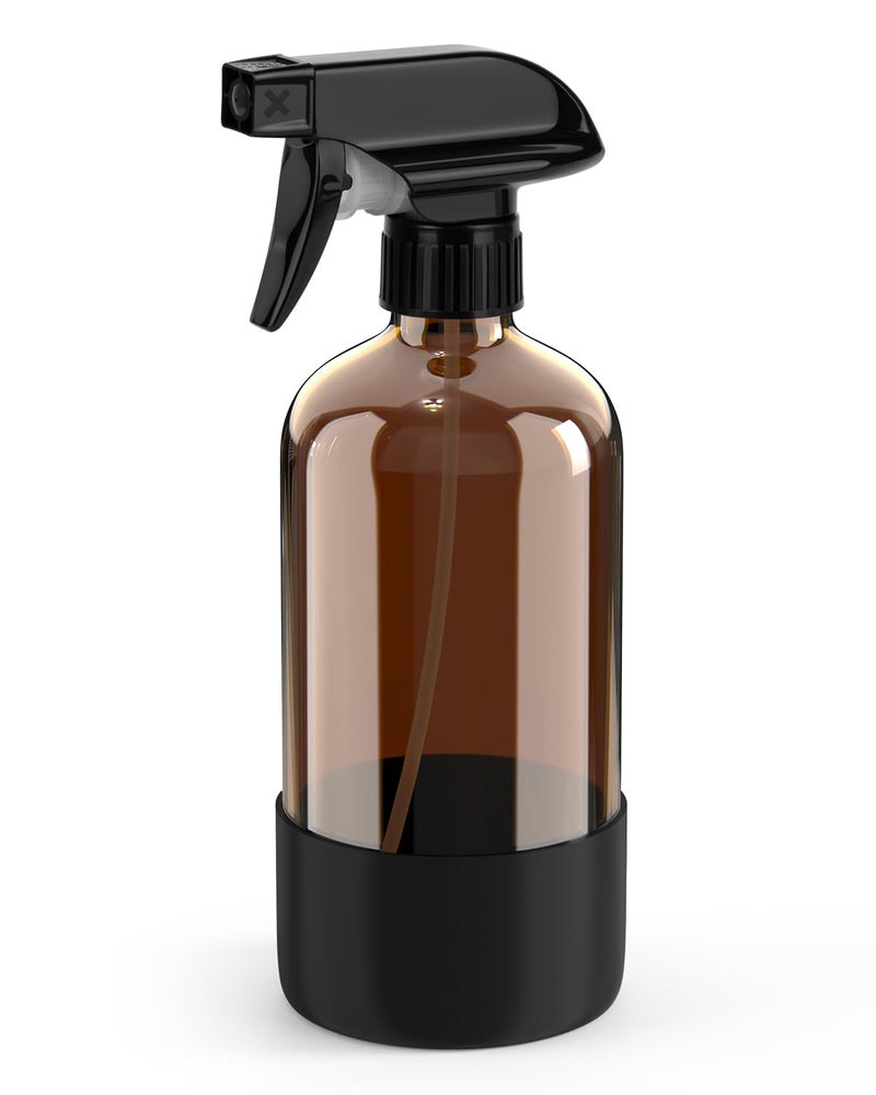 Bontip Amber Glass Spray Bottle with Silicone Sleeve Protection, 16 oz Refillable Spray Bottle for Cleaning Solutions, Plants, Aromatherapy, Facial Hydration (Black Sleeve(Amber Bottle) - Image 1