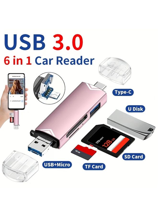 روز جولدن 6 في 1 قارئ بطاقات USB 3.0 عالي السرعة 5 جيجابت في الثانية لنقل البيانات، واجهة من نوع C وميكرو USB، متوافق مع بطاقات SD وTF ومايكرو SD، محول OTG متعدد الوظائف محمول، قابل للتوصيل والتشغيل ولا يحتاج إلى بطارية. - Image 1