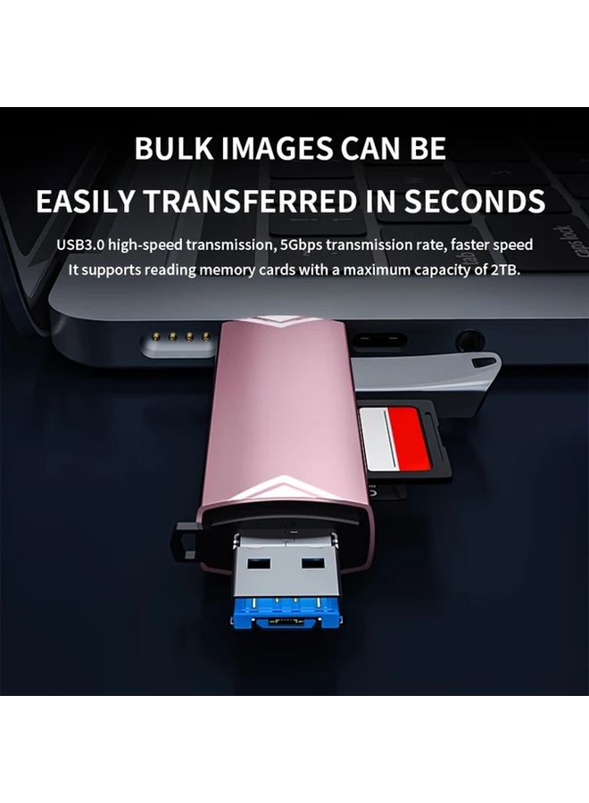 روز جولدن 6 في 1 قارئ بطاقات USB 3.0 عالي السرعة 5 جيجابت في الثانية لنقل البيانات، واجهة من نوع C وميكرو USB، متوافق مع بطاقات SD وTF ومايكرو SD، محول OTG متعدد الوظائف محمول، قابل للتوصيل والتشغيل ولا يحتاج إلى بطارية. - Image 3