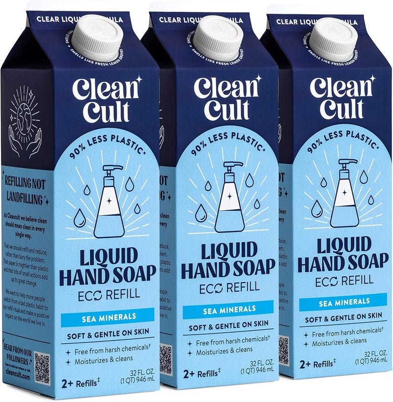 Cleancult - Liquid Hand Soap Refills - Sea Minerals - Gentle On Sensitive Skin - Made with Aloe Vera & Essential Oils - Eco Friendly - Paper-Based Packaging - 32 oz/3 Pack