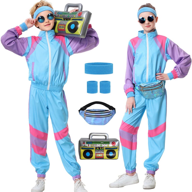 TIMSOPHIA 80s Tracksuit for Kids, 90s Outfits Boys Girls 6PCS Hip Hop Dance Costume, Colorblock Jacket for Retro Theme Party (Light blue, 9-10 years) - Image 1