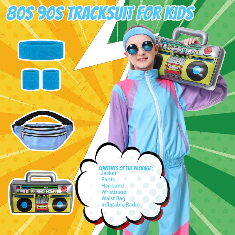 TIMSOPHIA 80s Tracksuit for Kids, 90s Outfits Boys Girls 6PCS Hip Hop Dance Costume, Colorblock Jacket for Retro Theme Party (Light blue, 9-10 years) - Image 2