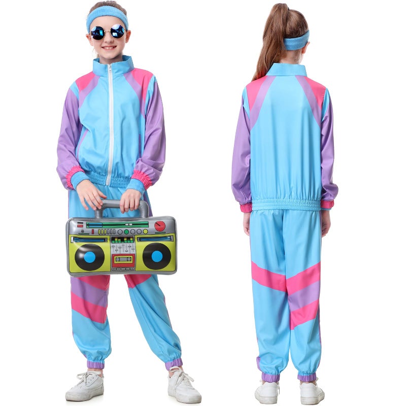 TIMSOPHIA 80s Tracksuit for Kids, 90s Outfits Boys Girls 6PCS Hip Hop Dance Costume, Colorblock Jacket for Retro Theme Party (Light blue, 9-10 years) - Image 5