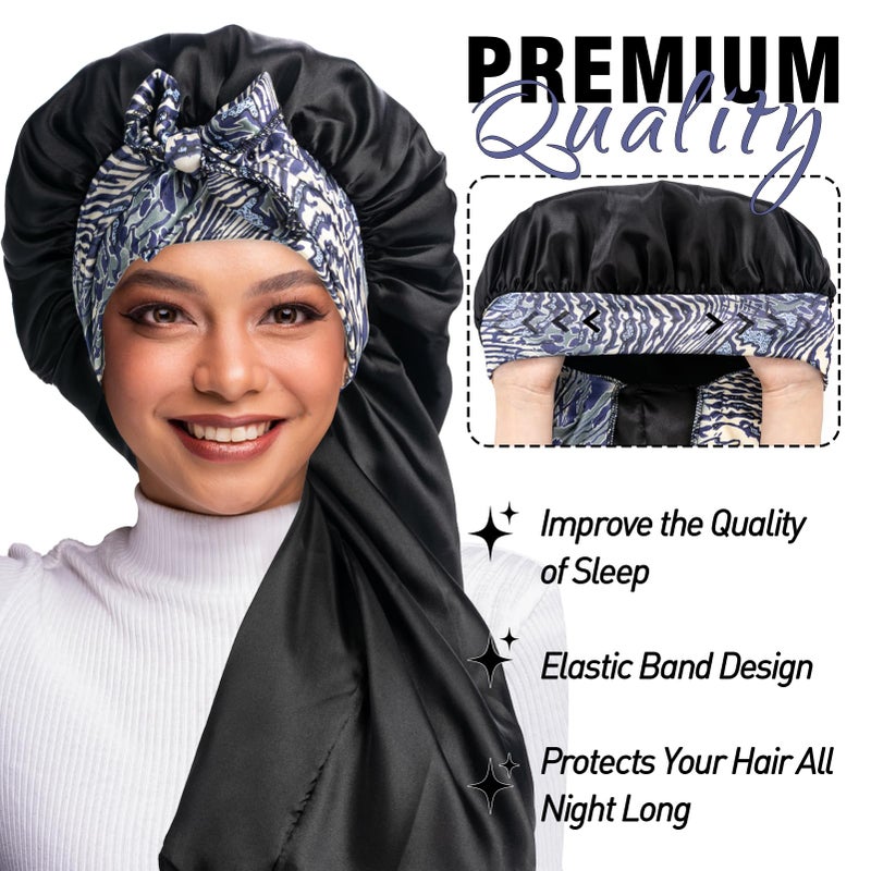 WOZUTUNT 2Pack Bonnets For Black Women Braid Bonnet  Large Long Bonnet Satin Bonnet For Braids Black Women Silk Bonnet With Stretchy Tie Band Braid Bonnet For Sleeping Extra Long (Pink &Black Pattern) - Image 2