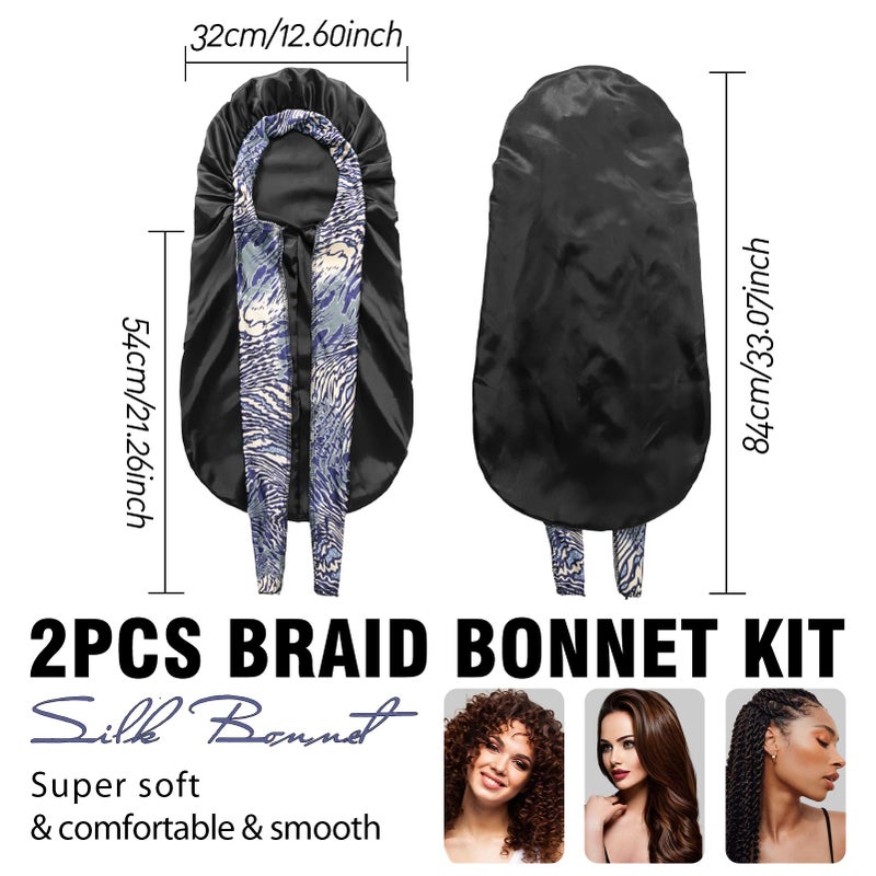 WOZUTUNT 2Pack Bonnets For Black Women Braid Bonnet  Large Long Bonnet Satin Bonnet For Braids Black Women Silk Bonnet With Stretchy Tie Band Braid Bonnet For Sleeping Extra Long (Pink &Black Pattern) - Image 5