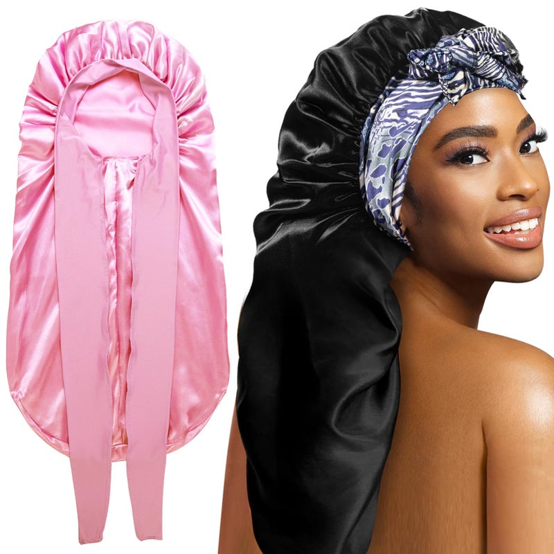 WOZUTUNT 2Pack Bonnets For Black Women Braid Bonnet  Large Long Bonnet Satin Bonnet For Braids Black Women Silk Bonnet With Stretchy Tie Band Braid Bonnet For Sleeping Extra Long (Pink &Black Pattern) - Image 1