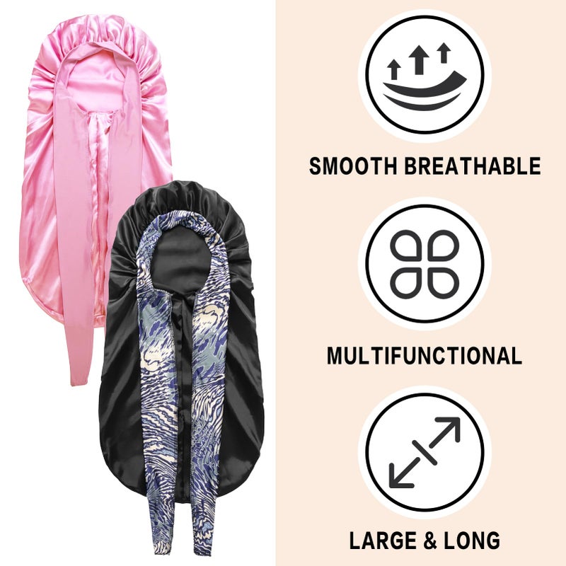 WOZUTUNT 2Pack Bonnets For Black Women Braid Bonnet  Large Long Bonnet Satin Bonnet For Braids Black Women Silk Bonnet With Stretchy Tie Band Braid Bonnet For Sleeping Extra Long (Pink &Black Pattern) - Image 4